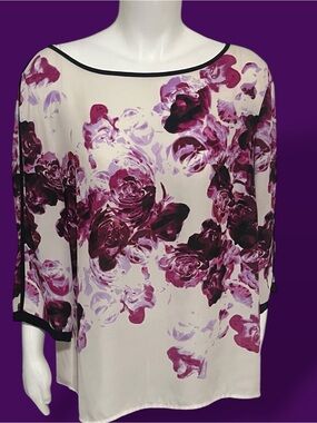 Adrianna Papell Purple Watercolor Floral Chiffon Blouse with Black Trim Size XL